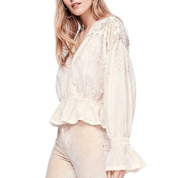 Free People Tops - Free People Tan Metallic Bell Sleeve BoHo Top L